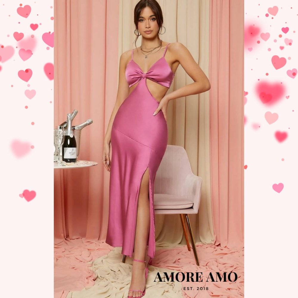 ❤️ Sophia ❤️ Dress - Waist Cut Out Midi Rose Pink Tie Split Backless